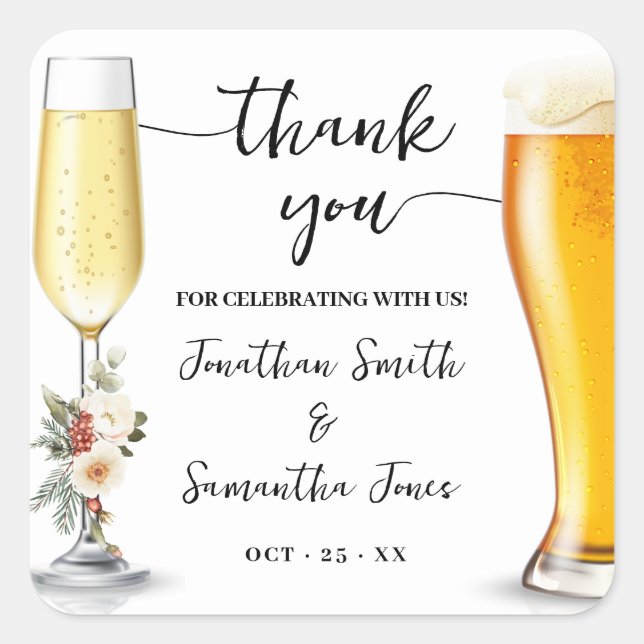 Bubbles & Brews Thank You Winter Wedding Square Sticker (Front)