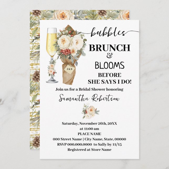 Bubbles Brunch & Bloom Bridal Shower Winter Floral Invitation (Front/Back)