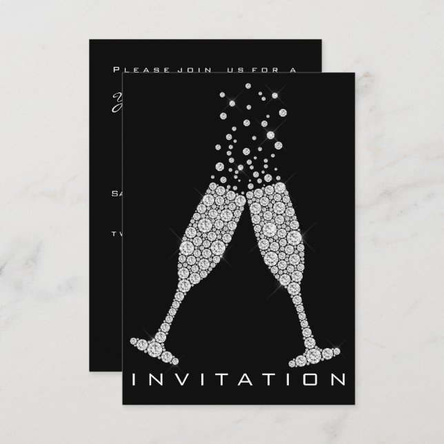 Bubbles Glasses Champagne Cocktail Grey Crystals Invitation (Front/Back)
