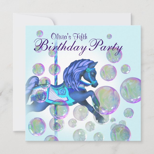 Bubbles Pink Carousel Pony Girls Birthday Party Invitation (Front)
