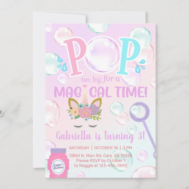 Bubbles pop on by girl birthday invite. invitation (Front)