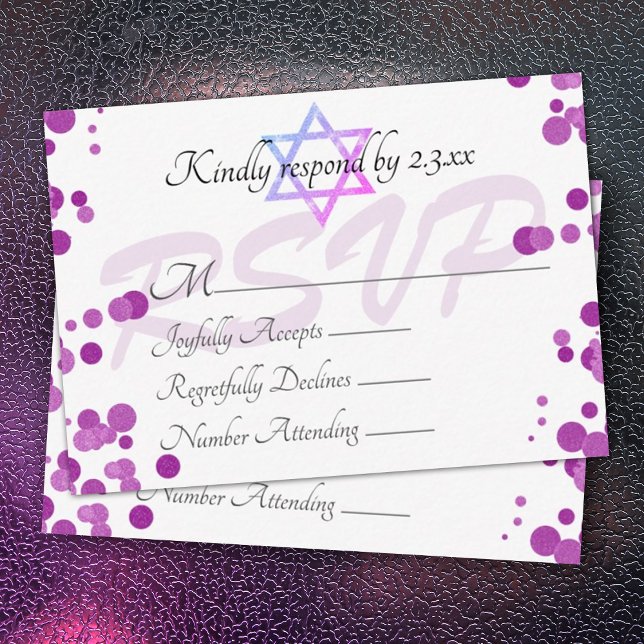 Bubbles violets Points Bat mitzvah carte RSVP (purple shimmery lights bat mitzvah rsvp card, purple bubbles polka dots cute reply enclosure cards )