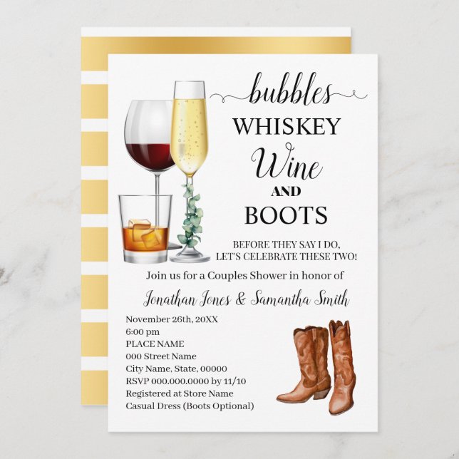 Bubbles Whiskey Wine & Boots Couples Shower Invitation (Front/Back)