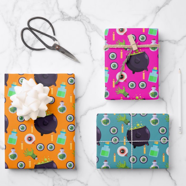 Bubbling Cauldron Magic Potion Eyeballs Halloween Wrapping Paper Sheet (Front)
