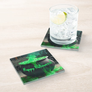 Bubbling Witch's Cauldron Halloween Glass Coaster