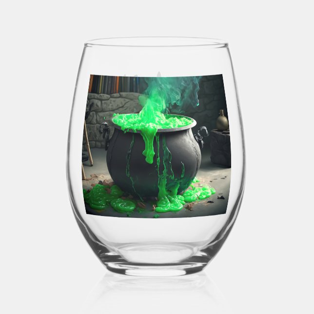 Bubbling Witch's Cauldron Halloween Stemless Wine Glass (Front)
