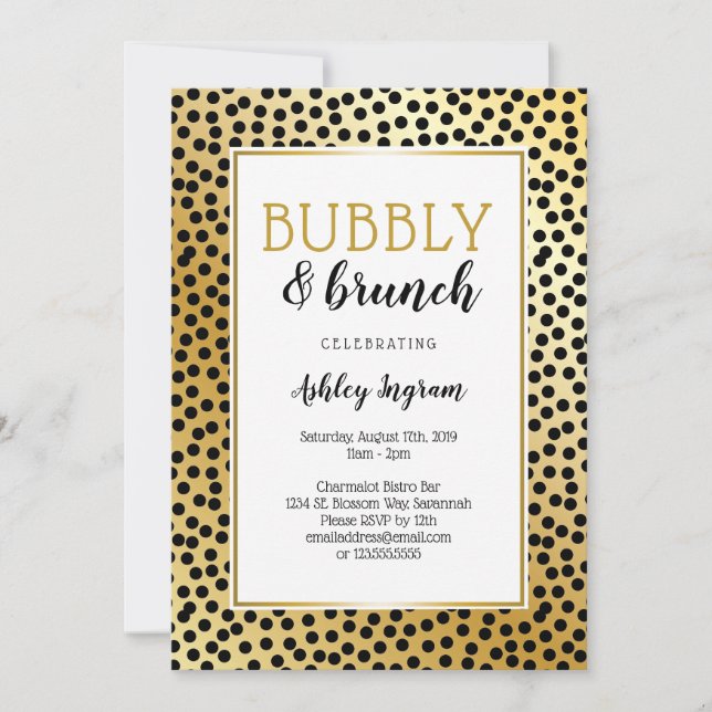 Bubbly and Brunch in Black and Gold Dots Invitation (Front)