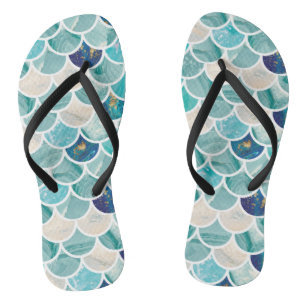 Bubbly Aqua turquoise marble mermaid fish scales Flip Flops