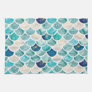 Bubbly Aqua turquoise marble mermaid fish scales Kitchen Towel