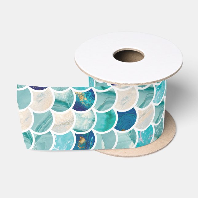 Bubbly Aqua turquoise marble mermaid fish scales Satin Ribbon (Spool)