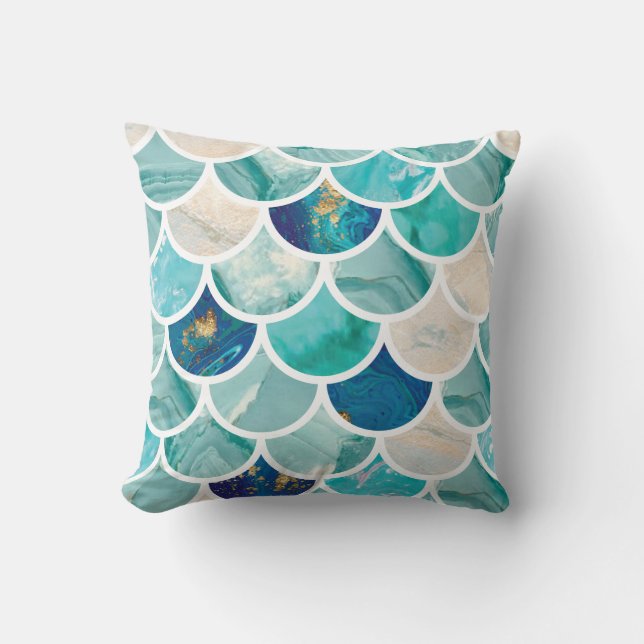 Bubbly Aqua turquoise marble mermaid fish scales Throw Pillow (Front)