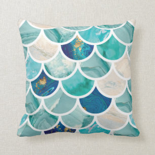 Bubbly Aqua turquoise marble mermaid fish scales Throw Pillow