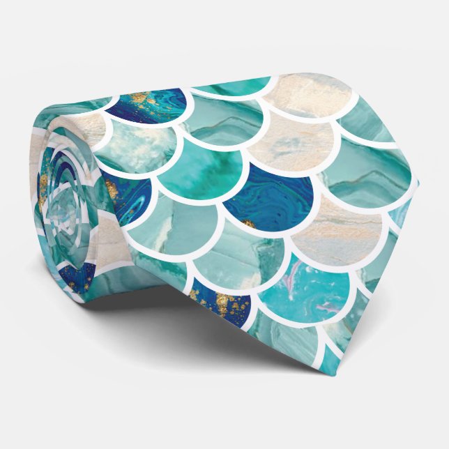 Bubbly Aqua turquoise marble mermaid fish scales Tie (Rolled)