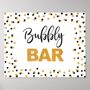 Bubbly Bar Party Sign Black and Gold Glitter