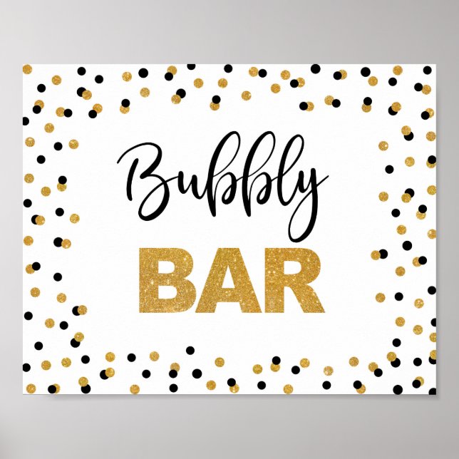 Bubbly Bar Party Sign Black and Gold Glitter (Front)