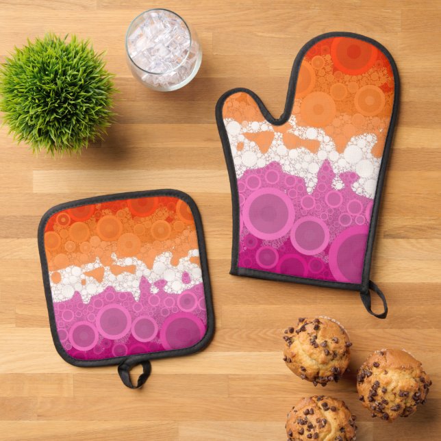 Bubbly Bohemian Groovy Abstract Lesbian Pride Flag Oven Mitt & Pot Holder Set (Top Down)