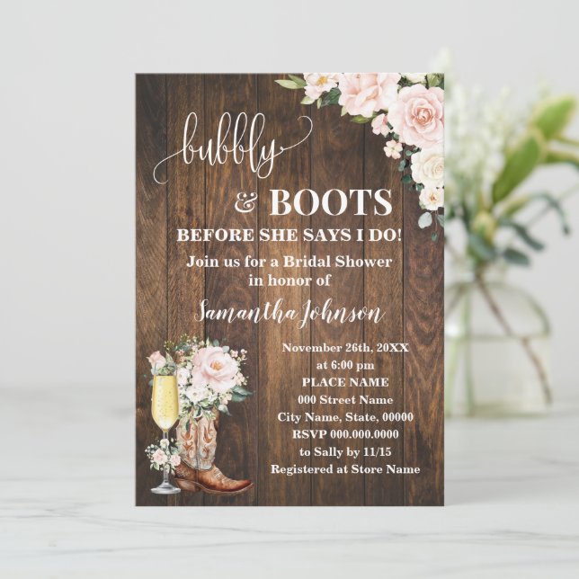Bubbly & Boots Bridal Shower Pink Floral Western Invitation (Standing Front)