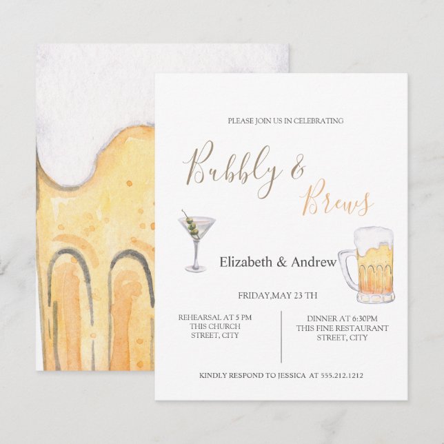 Bubbly & Braws Rehearsal Dinner Invitation (Front/Back)