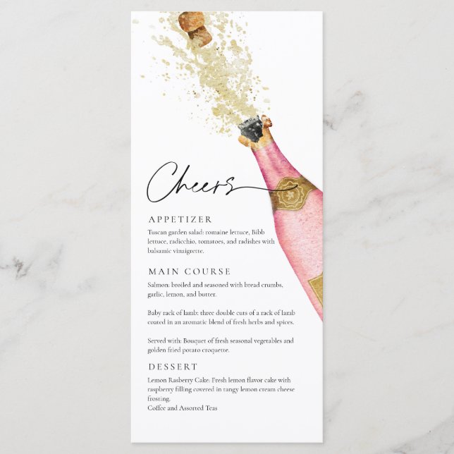 Bubbly Brunch Pink Champagne Bridal Shower Menu (Front)