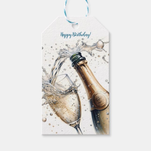Bubbly champagne Happy Birthday Gift Tags (Front)