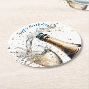 Bubbly champagne Happy Birthday Round Paper Coaster