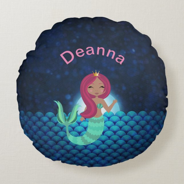Bubbly Mermaid in Green and Blue in Moonlit Ocean Round Pillow (Front)