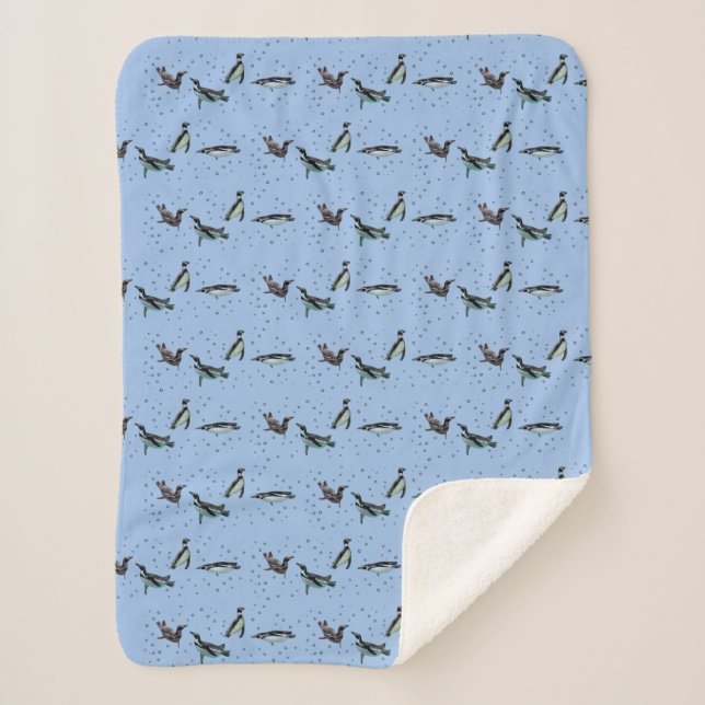Bubbly Penguins Sherpa Blanket (Light Blue) (Front)