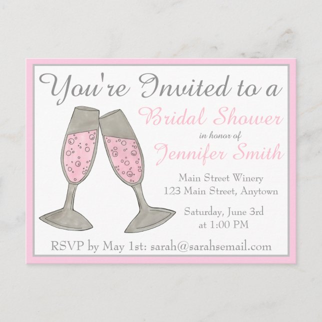 Bubbly Pink Champagne Toast Cheers Bridal Shower Invitation Postcard (Front)