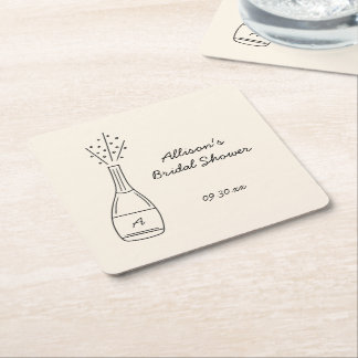 Bubbly Popping Champagne Bottle Bridal Shower Square Paper Coaster