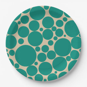 Bubbly Retro Mod Dots Pattern in Teal and Beige Paper Plate