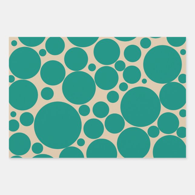 Bubbly Retro Mod Dots Pattern in Teal and Beige Wrapping Paper Sheet (Front 3)