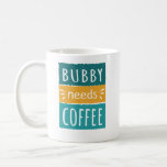 Bubby Needs Coffee Mug<br><div class="desc">Bubby Needs Coffee Mug. This cute coffee mug makes the perfect gift for any grandmother whose grandchildren call her Bubby instead of Grandma. (Bubby means grandmother or grandma in Yiddish.) This funny coffee mug says "Bubby needs coffee." It has a white background with teal / turquoise / aqua and yellow...</div>