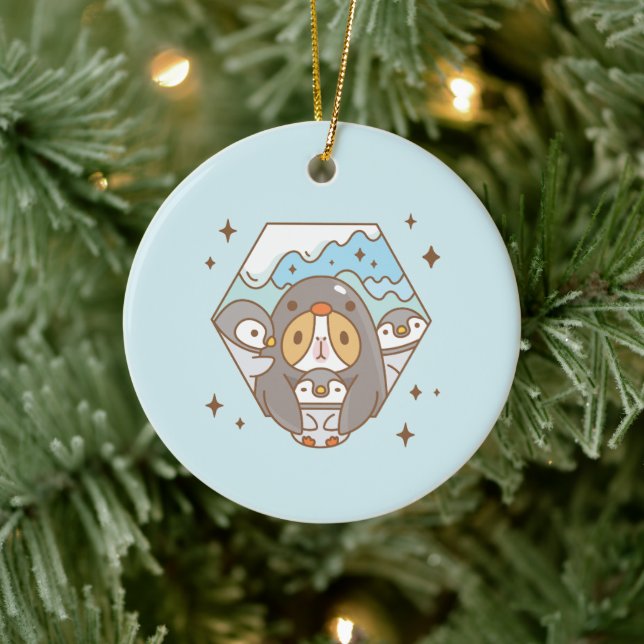 Bubu the Guinea Pig with Baby Emperor Penguins Ceramic Ornament (Tree)