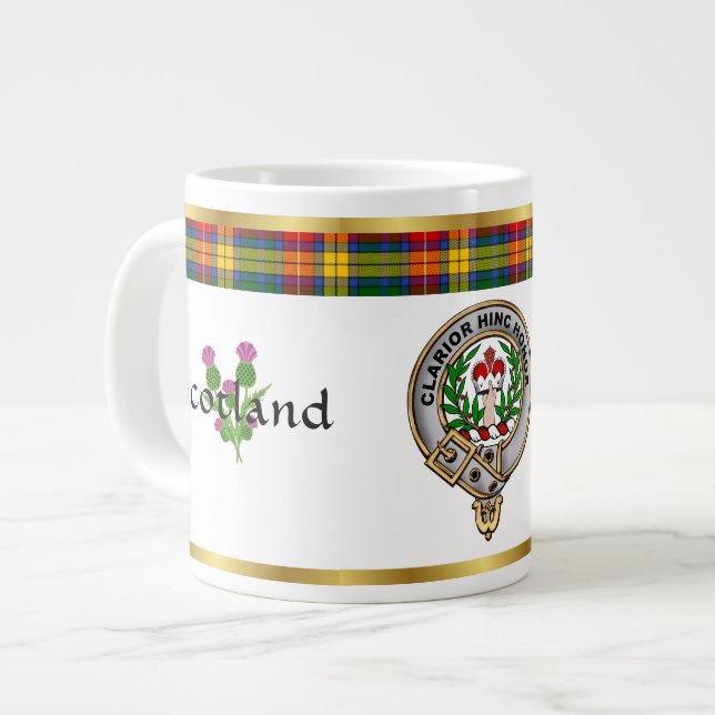 Buchanan Clan Badge Tartan & Motto Large Coffee Mug (Front Left)