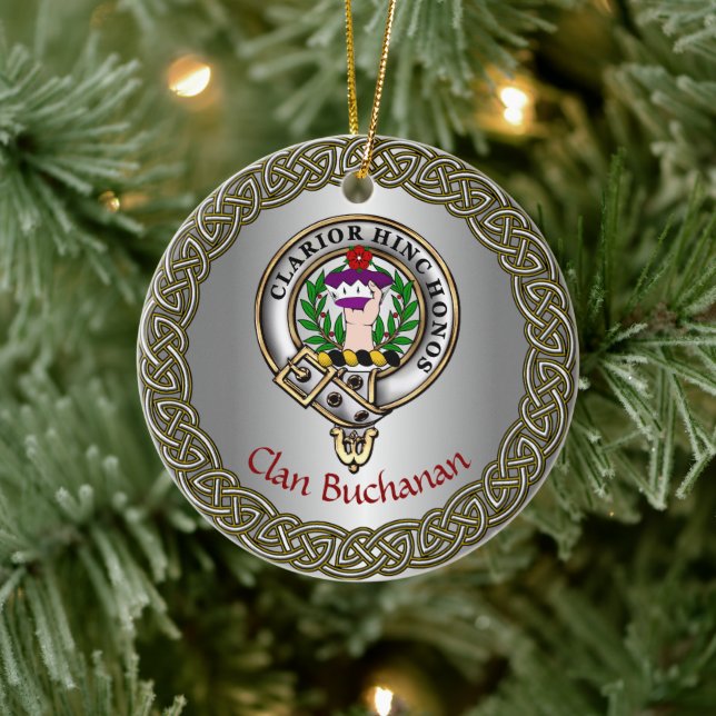 Buchanan Clan Badge & Tartan Thistle Personalized Ceramic Ornament (Tree)