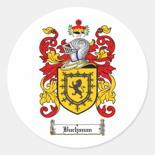 BUCHANAN FAMILY CREST -  BUCHANAN COAT OF ARMS CLASSIC ROUND STICKER (Front)