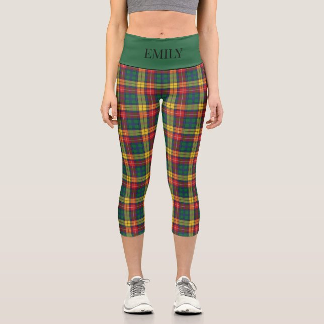 Buchanan Scottish Plaid Red Green Yellow Add Name Capri Leggings (Front)
