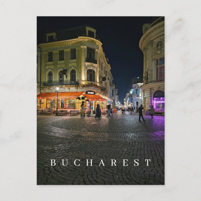 Bucharest Old Town at night postcard (Front)