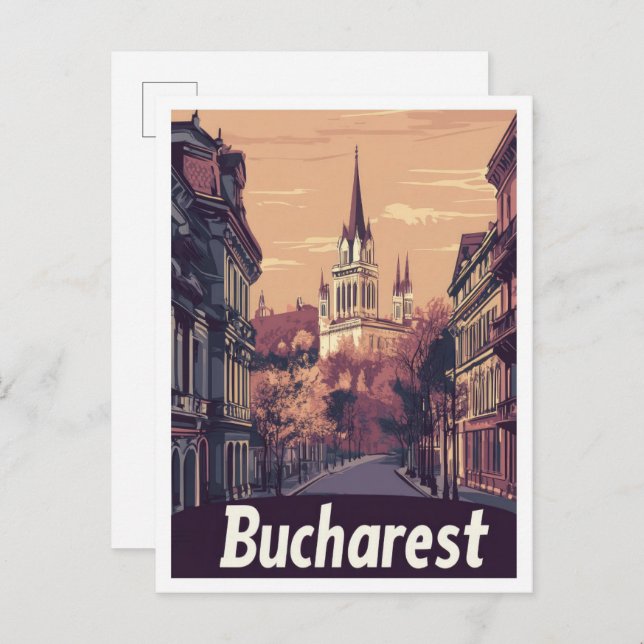 Bucharest Romania Art Vintage Travel Illustration Postcard (Front/Back)