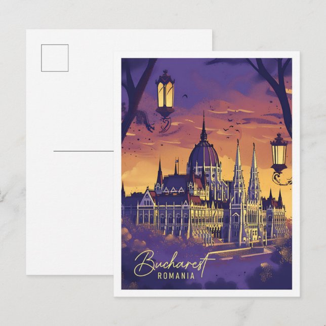Bucharest Romania Vintage Art Travel Illustration Postcard (Front/Back)