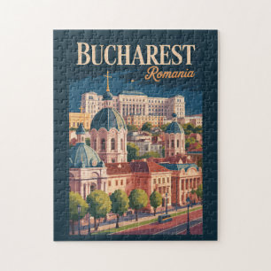 Bucharest Skyline Illustration Travel Art Vintage Jigsaw Puzzle