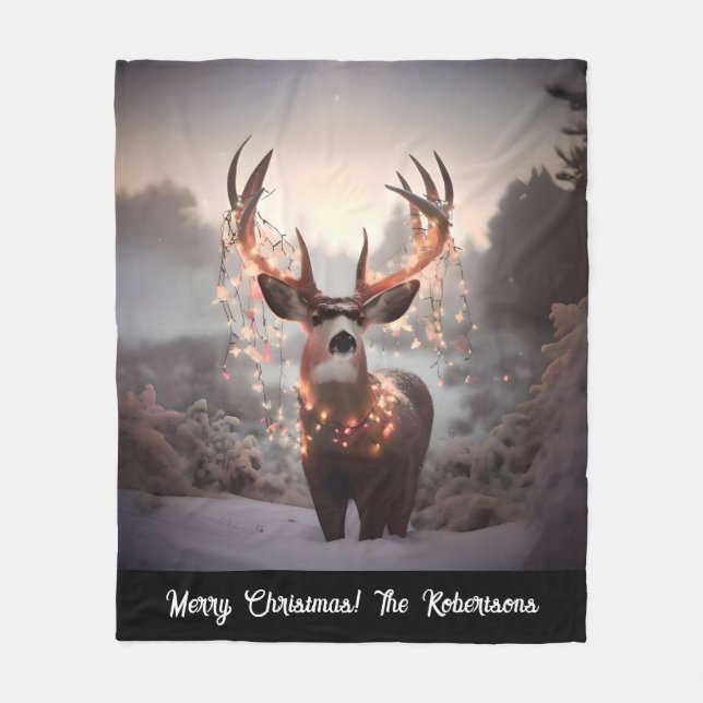Buck and Christmas Lights Fleece Blanket (Front)