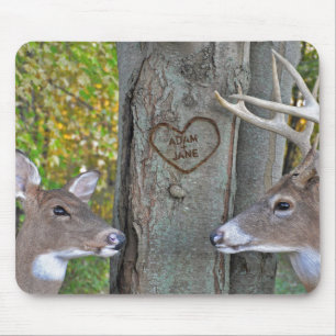 buck and doe by carved heart on tree mouse pad