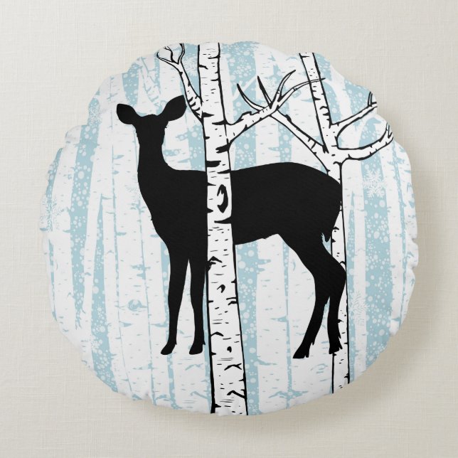 Buck and Doe Deer Birch Forest Round Pillow (Front)