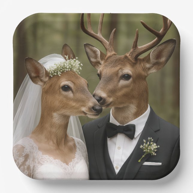 Buck and Doe Deer Wedding In Forest Paper Plate (Front)