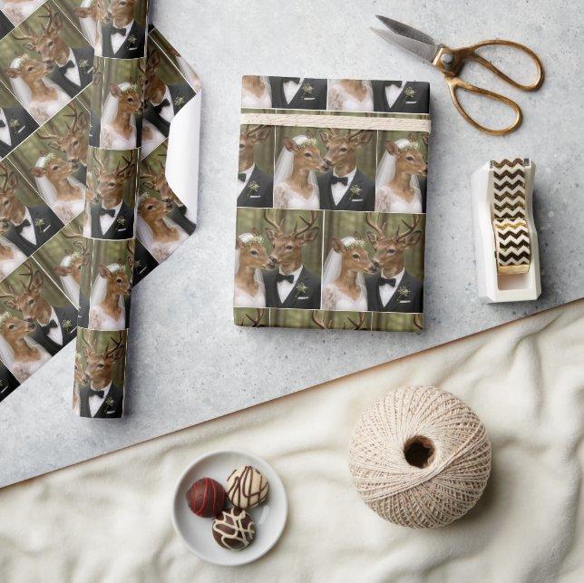 Buck and Doe Deer Wedding In Forest Wrapping Paper (Crafts)