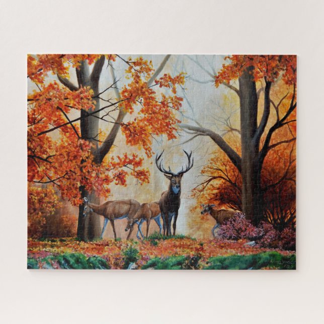 Buck Deer and doe in Autumn forest/fancy design Jigsaw Puzzle (Horizontal)