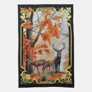 Buck Deer and doe in Autumn forest/fancy design Kitchen Towel