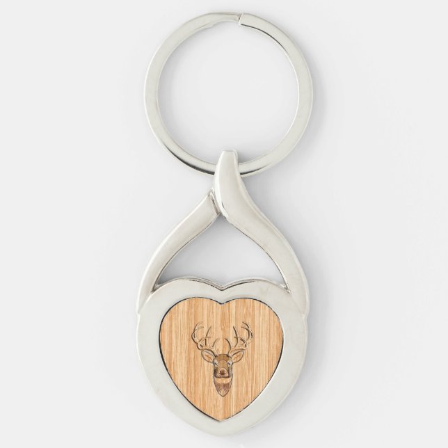 Buck Deer Head Wood Grain Style Decor Keychain (Front)