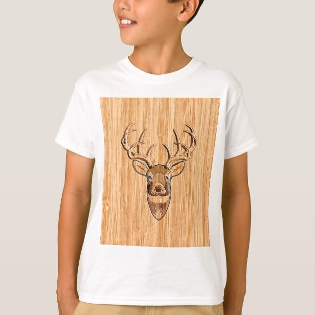 Buck Deer Head Wood Grain Style T-Shirt (Front)